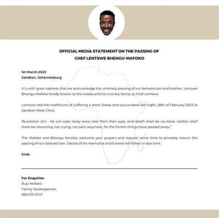 Chef Lentswe Bhengu Cause of Death, Age, Family, Net Worth