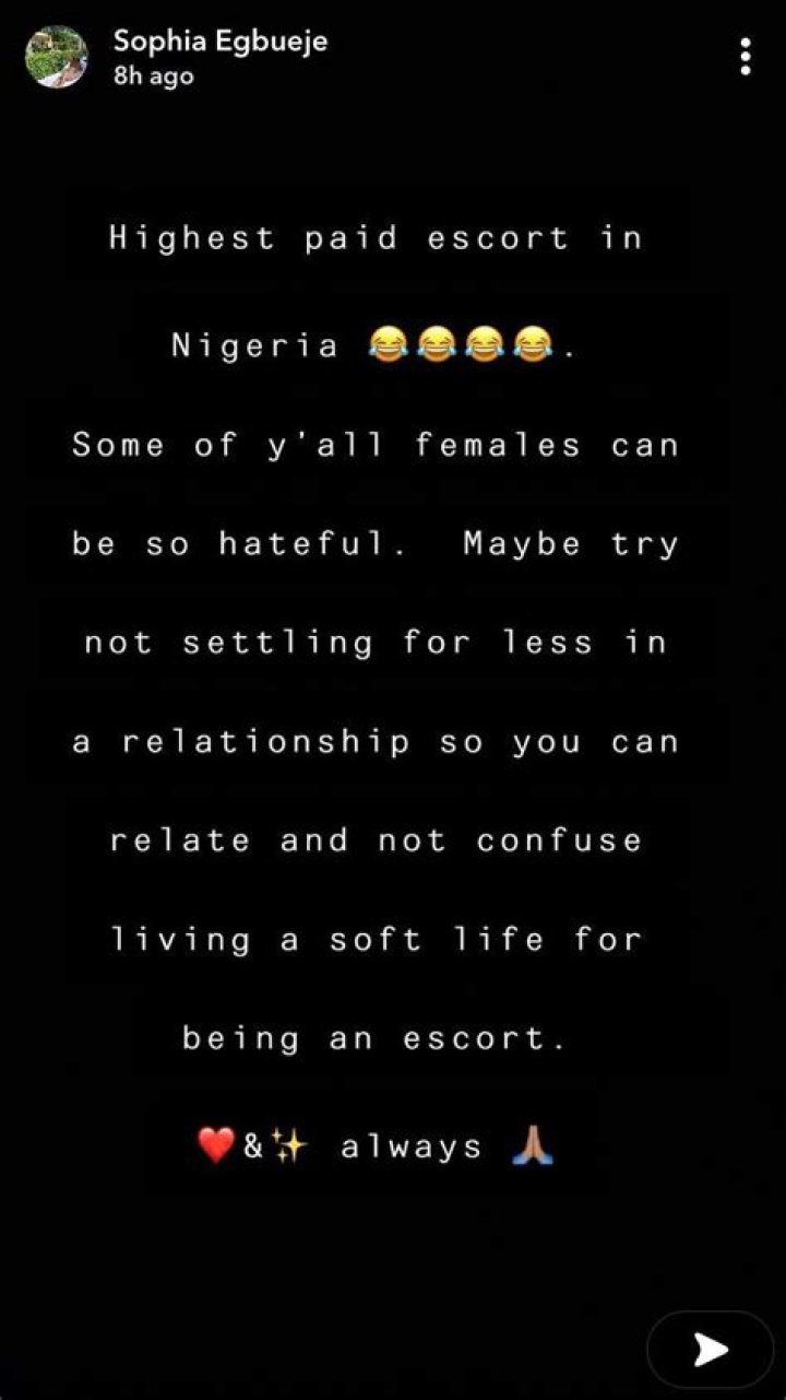 “Don’t Confuse Living A Soft Life For Being An Escort” – Socialite, Sophia Egbueje Addresses Haters