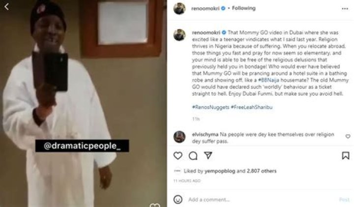 Enjoy Dubai, Mummy Go But Avoid Hell – Reno Omokri Reacts To Video Of Mummy Go Excitedly Showing Off Her Dubai Hotel Room