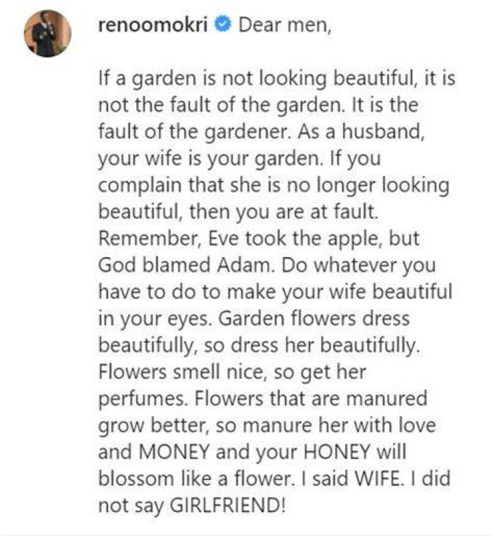 If Your Wife Is No Longer Looking Beautiful, It’s Your Fault -Reno Omokri Tells Men