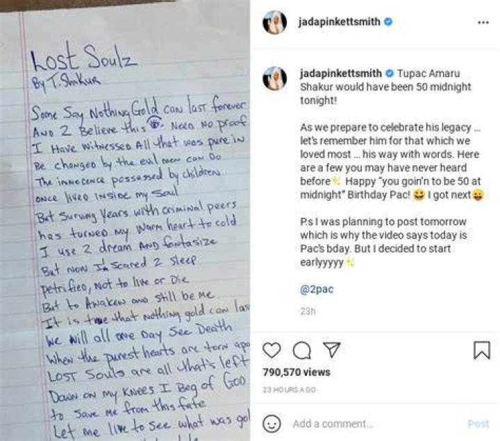 Jada Pinkett Smith Shares A Poem The Late 2Pac Wrote To Her Before His Death- Fans React