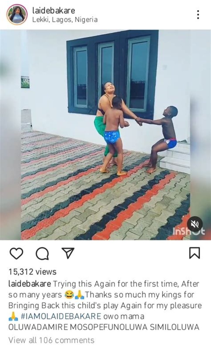 “Na Cheap Olosho” – Actress Laide Bakare Dragged As She Strips To Her Underwear for A Fun Time With Her Sons (VIDEO)