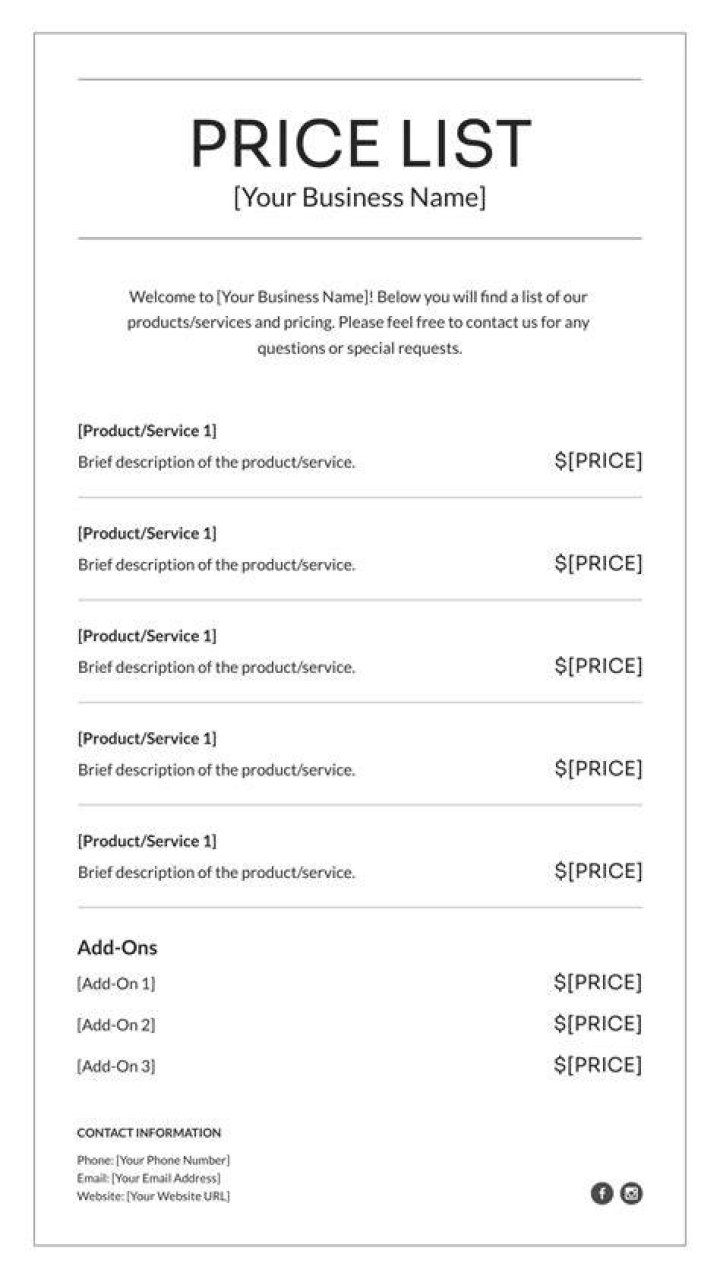 Price List, Shop Locations & Contact