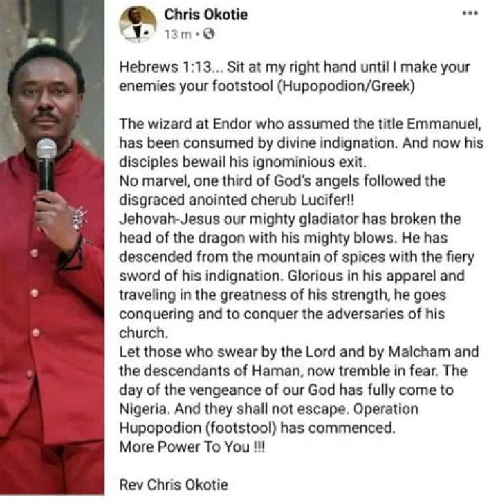 Rev. Chris Okotie Jubilates Over The Death Of TB Joshua – Calls Him A Wizard