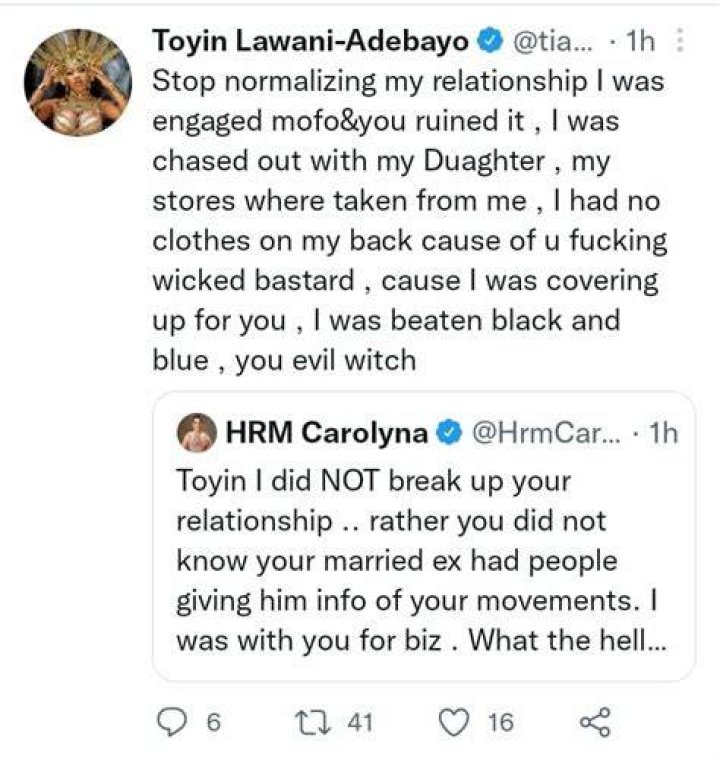 “You Are The Reason My First Marriage Failed”- Toyin Lawani Calls Out Caroline Danjuma, She Replies